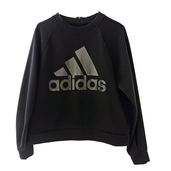 Adidas Sweatshirt Women's Sz L Black  Gray Gunmetal Letters Crewneck Zip Back - Picture 2 of 14